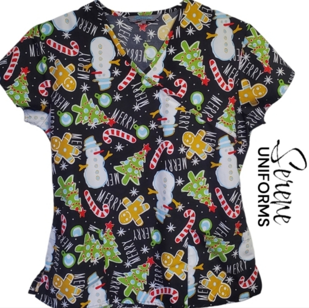 Serene Uniforms  Merry Christmas Women's Scrub Top Size M